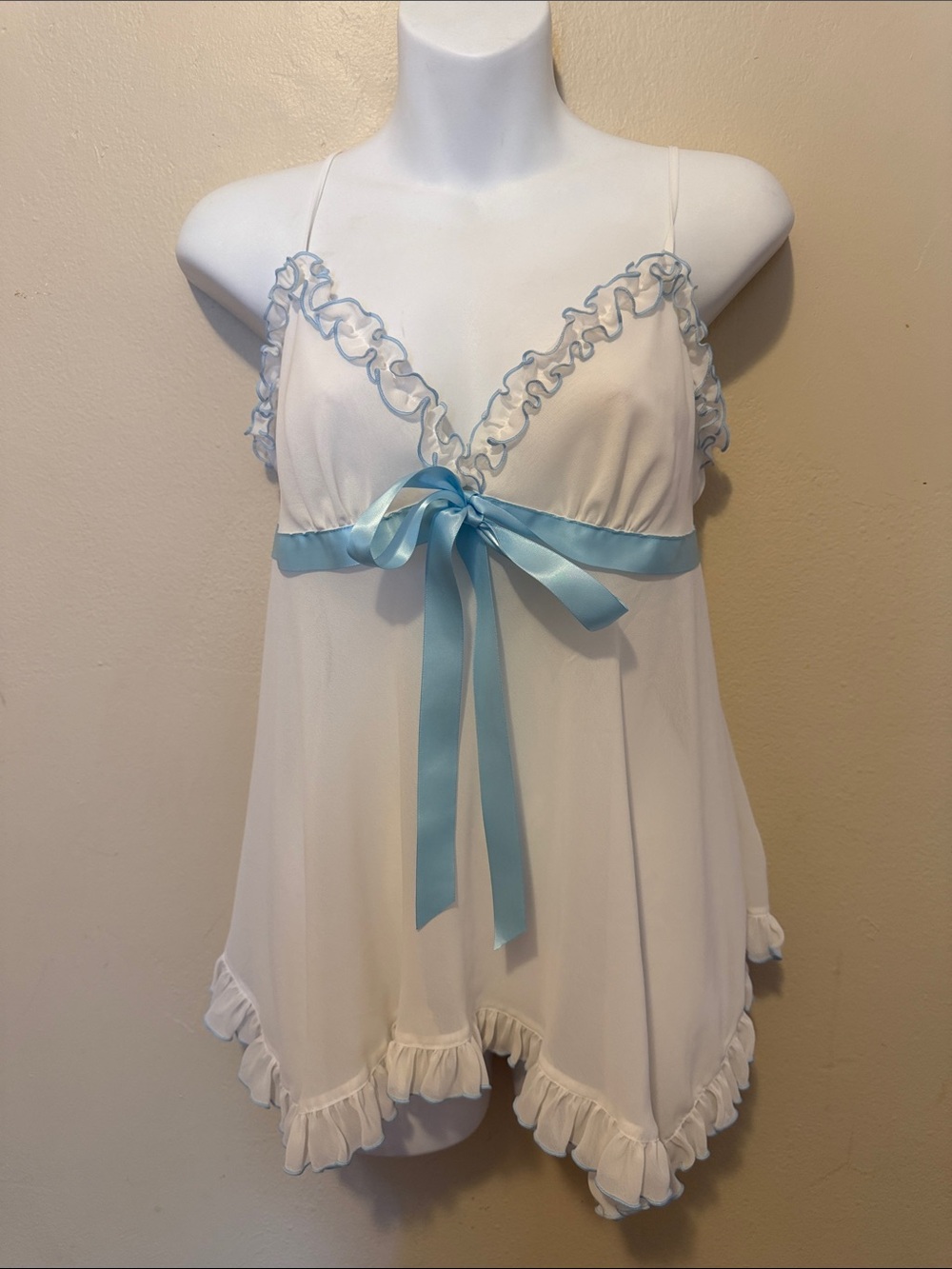 Frederick's of Hollywood White Chemise with Light Blue Satin Bow
